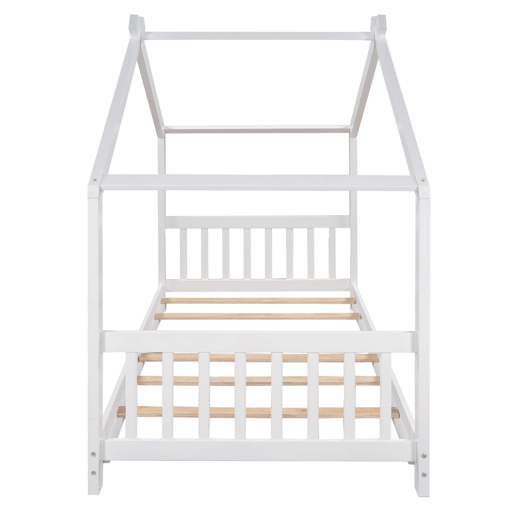 Merax Twin Kids Wood House Beds with Headboard and Footboard Floor Bed Frame for Boys,Girls, Easy Assembly (Twin, White)