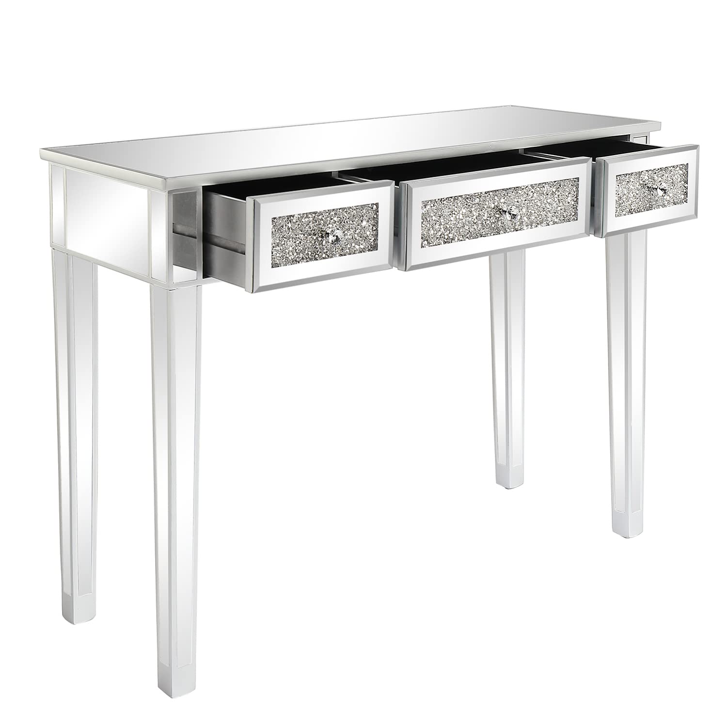 Karl home Mirrored Desk with 3 Drawers Silver Console Table Mirror Sofa Table with Crystal Inlay Front for Living Room, Entryway, Foyer, 42 Inch