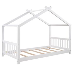 Harper & Bright Designs Twin House Bed for Kids, Floor Bed Frame Twin with Headboard and Footboard, Wooden Twin Kids Bed Montessori Floor Bed for Toddlers, Girls, Boys,White