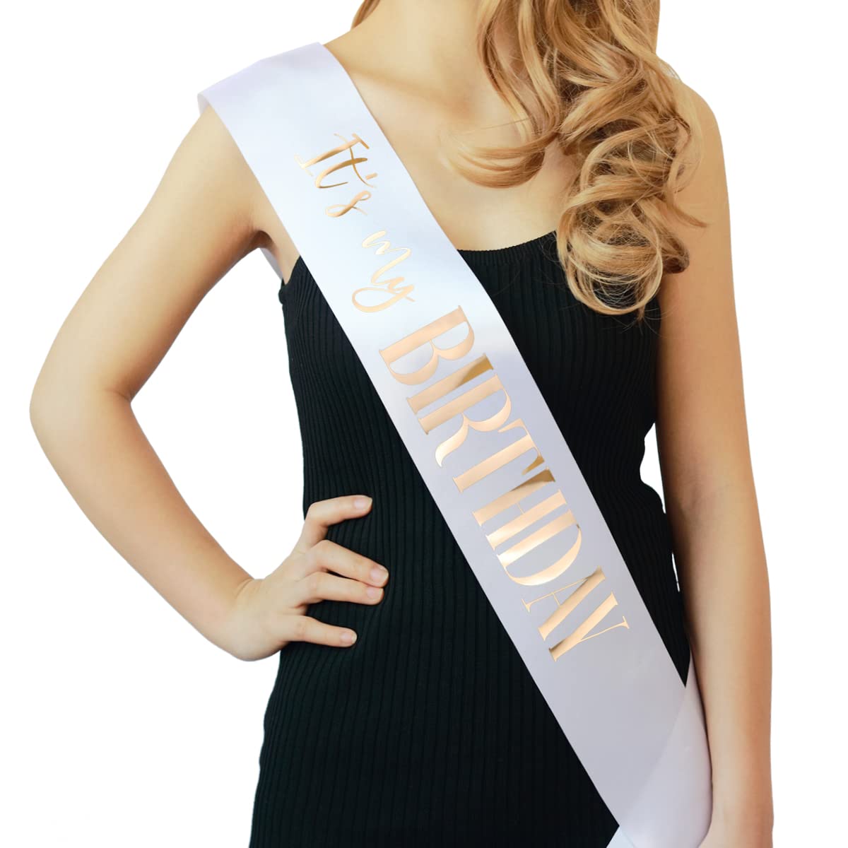 Docooniver 2 Pack It's my Birthday Sash for Women,Black and White Sashes with Gold and Rose gold Writing.