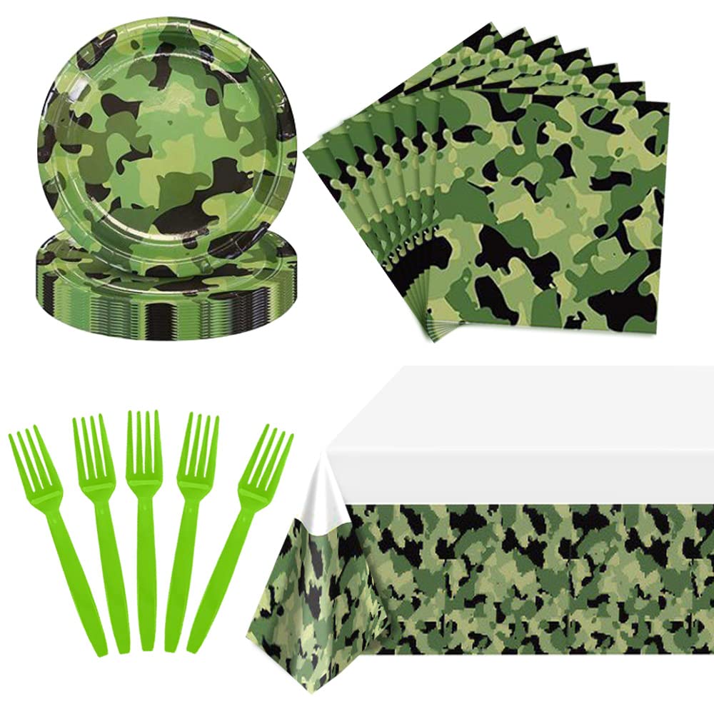 Camo Party Supplies Set for 16 Guests Camouflage Themed Army Military Party Tableware Include Plates Napkins Forks Tablecloth for Birthday Baby Shower Party Decorations