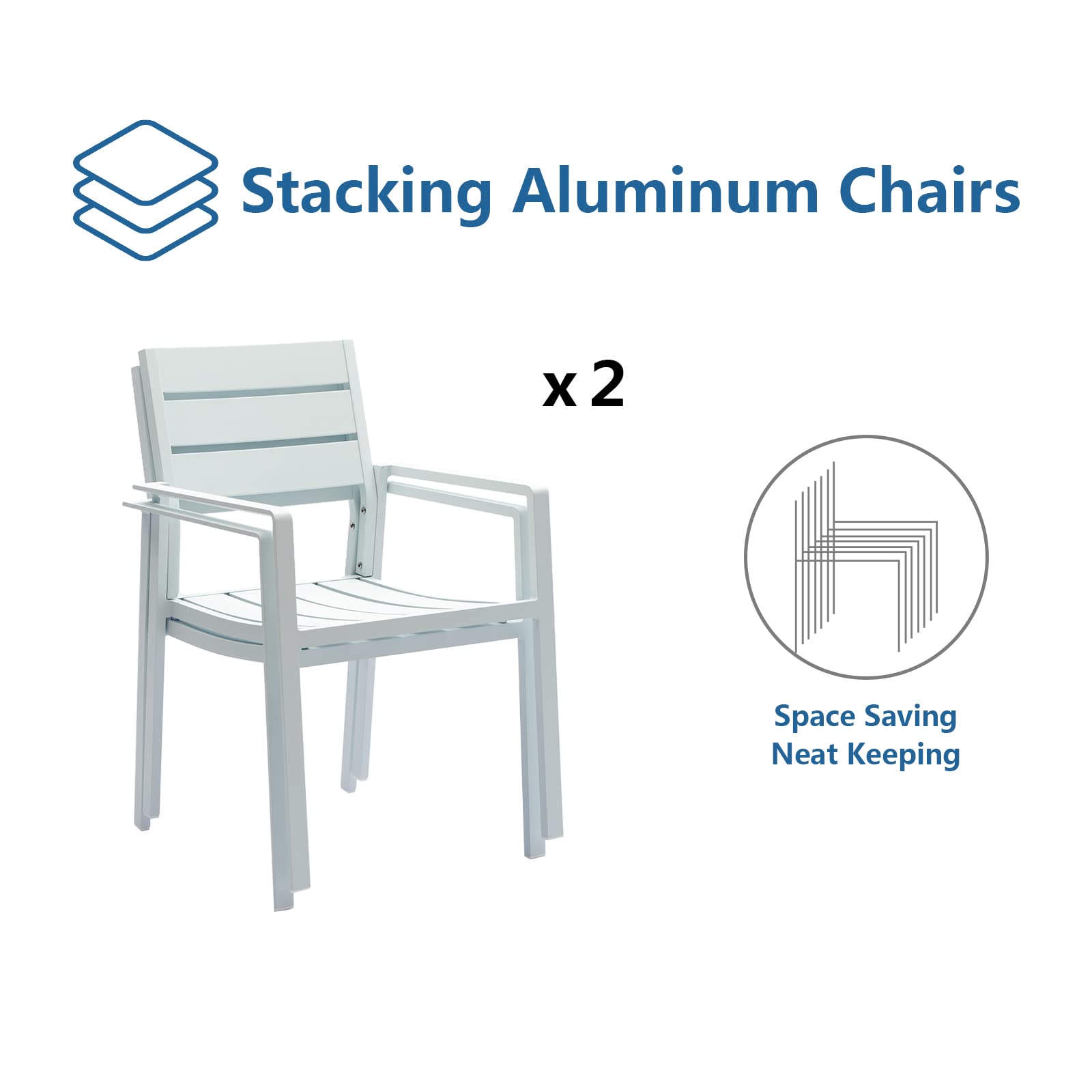 LebenLiebe Patio Dining Chairs Set of 2 Outdoor Stackable Dining Chair Aluminum Frame Outdoor Armchairs with Wide Seats for Backyard Garden,White Frame