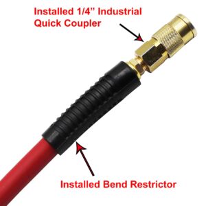 YOTOO Hybrid Lead-in Air Hose 1/4-Inch by 10-Feet 300 PSI Heavy Duty, Lightweight, Kink Resistant, All-Weather Flexibility with Bend Restrictors, 1/4" Industrial Quick Coupler and Plug, Red