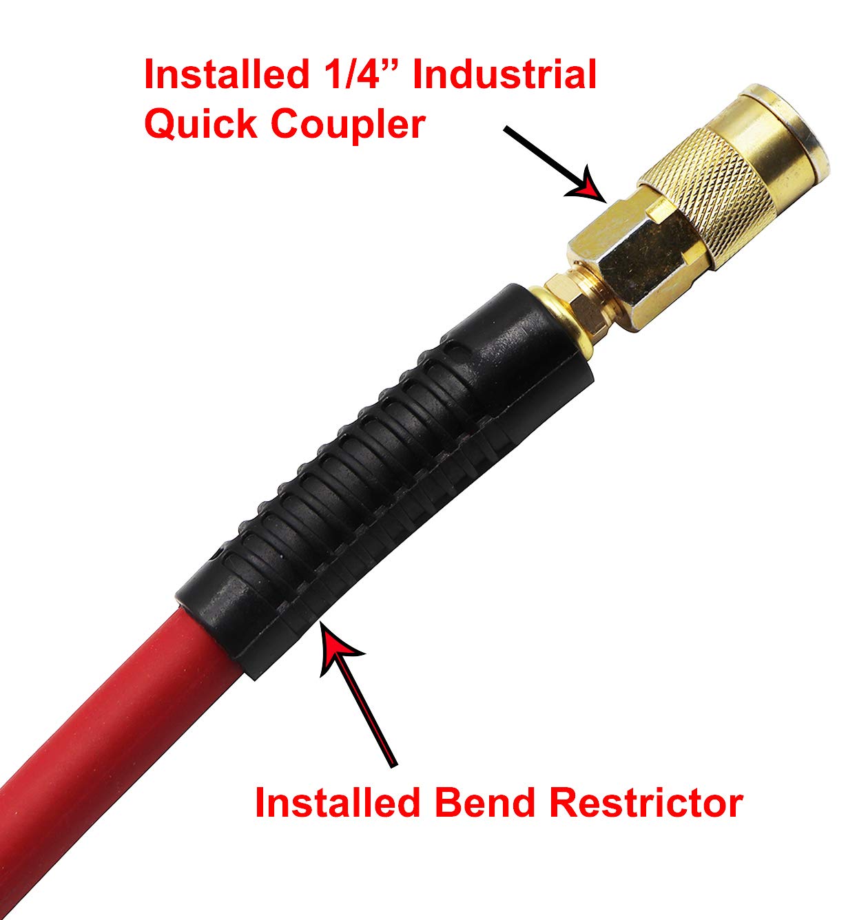 YOTOO Hybrid Lead-in Air Hose 1/4-Inch by 10-Feet 300 PSI Heavy Duty, Lightweight, Kink Resistant, All-Weather Flexibility with Bend Restrictors, 1/4" Industrial Quick Coupler and Plug, Red