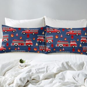 Cartoon Car Bed Sheets Set Fire Truck Sheet Set for Kids Boys Girls Room Decor Firefighter Sheets with Deep Pocket Fitted Sheet Firemen Car Vehicle Fire Engine Blue Red Bedding Set 4Pcs Full