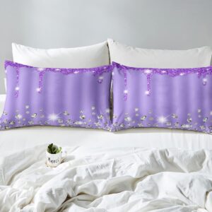 Silver Glitter Print (No Glitter) Bedding Set Bling Party Decorations Purple Comforter Cover for Girls Diamond Jewelry Duvet Cover Bedspread Cover Quilt Cover Full