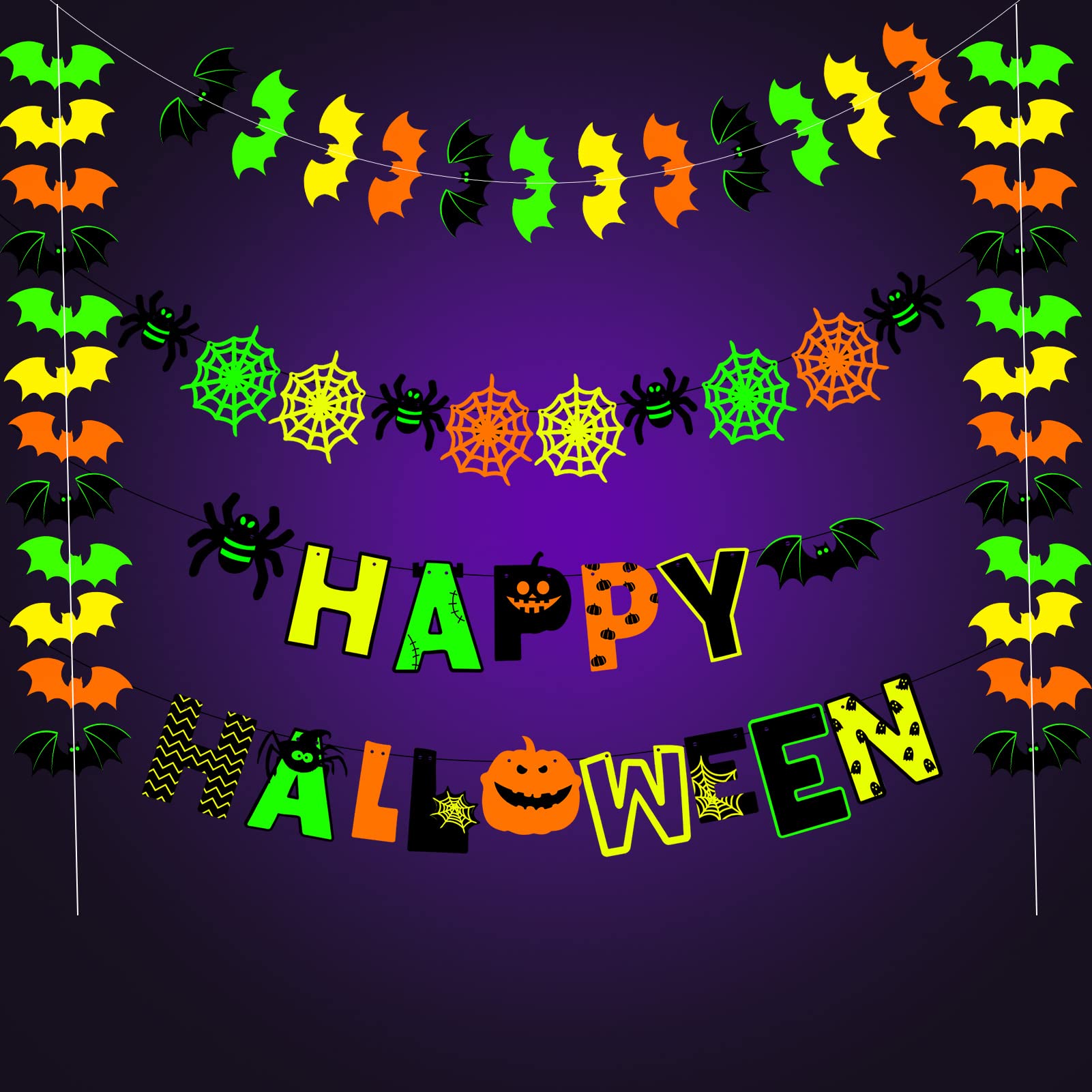 Halloween Party Decoration Garland, Fluorescence Happy Halloween Banner, Green Orange Bat Spider Web Garland Streamers Glow in the Dark Hallows Eve Favors, Halloween Bunting Banner Home Wall Decor