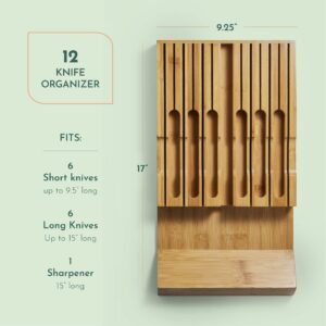 High-Grade 100% Bamboo Knife Drawer Organizer - 12 Knife Slots Plus a Sharpener Slot, Knife Organizer for Kitchen Organization, Durable, Secured, Practical, Eco-Friendly, Knife Block without Knives.