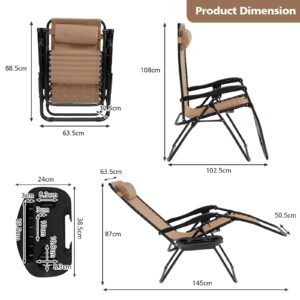 S AFSTAR Folding Reclining Lounge Chair, Outdoor Zero Gravity Recliner W/Side Tray & Detachable Headrest Pillow, Heavy-Duty Steel Frame, Reclining Folding Chair for Poolside, Backyard (1, Beige)