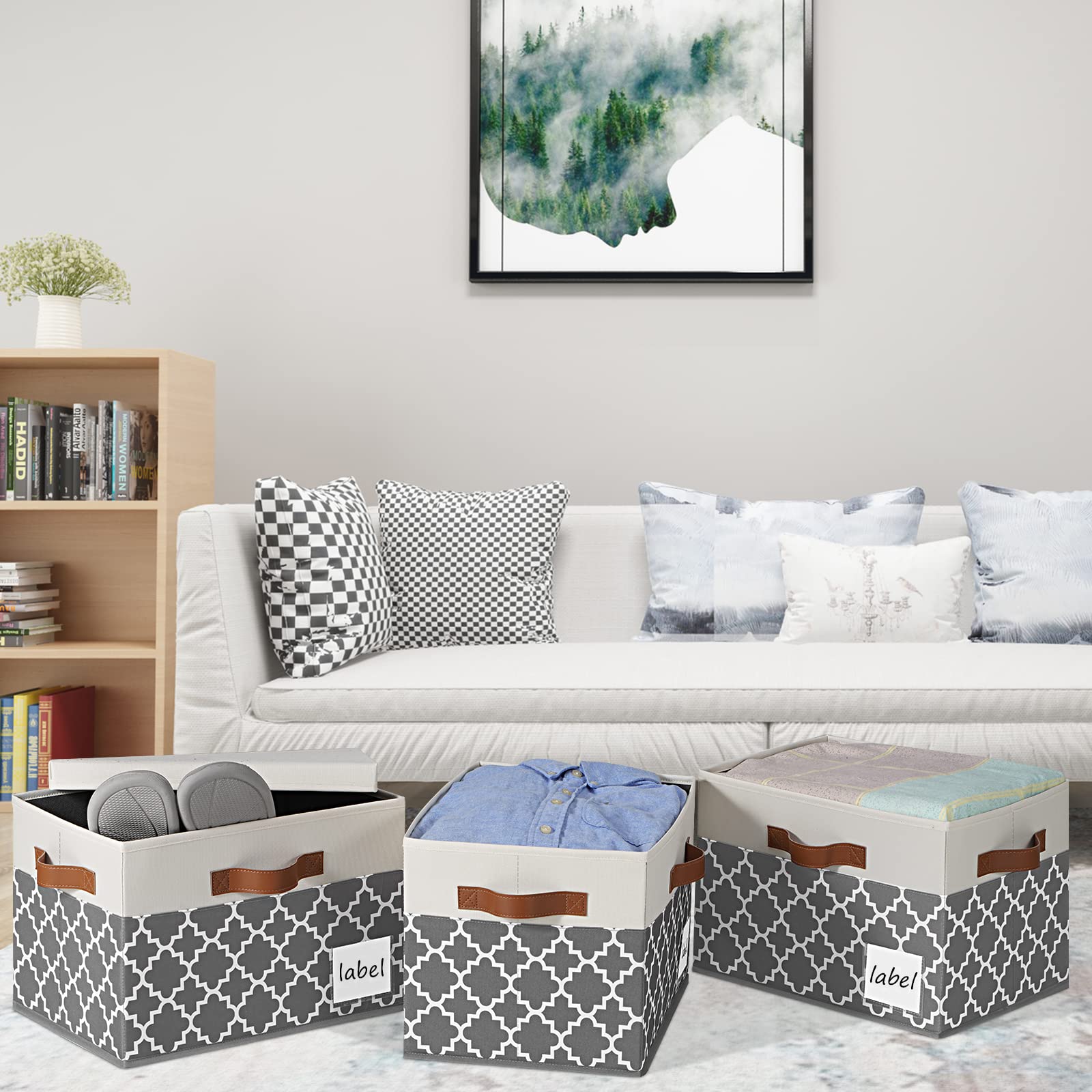 PFFVRP Extra Large Storage Bins with Lids, Foldable Fabric Storage Baskets with Lids, Sturdy Storage Boxes with Labels and 3 PU Handles for Closet Home Office (32L, 3 Packs, Grey Plaid&White)