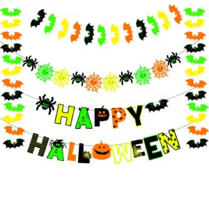 Halloween Party Decoration Garland, Fluorescence Happy Halloween Banner, Green Orange Bat Spider Web Garland Streamers Glow in the Dark Hallows Eve Favors, Halloween Bunting Banner Home Wall Decor