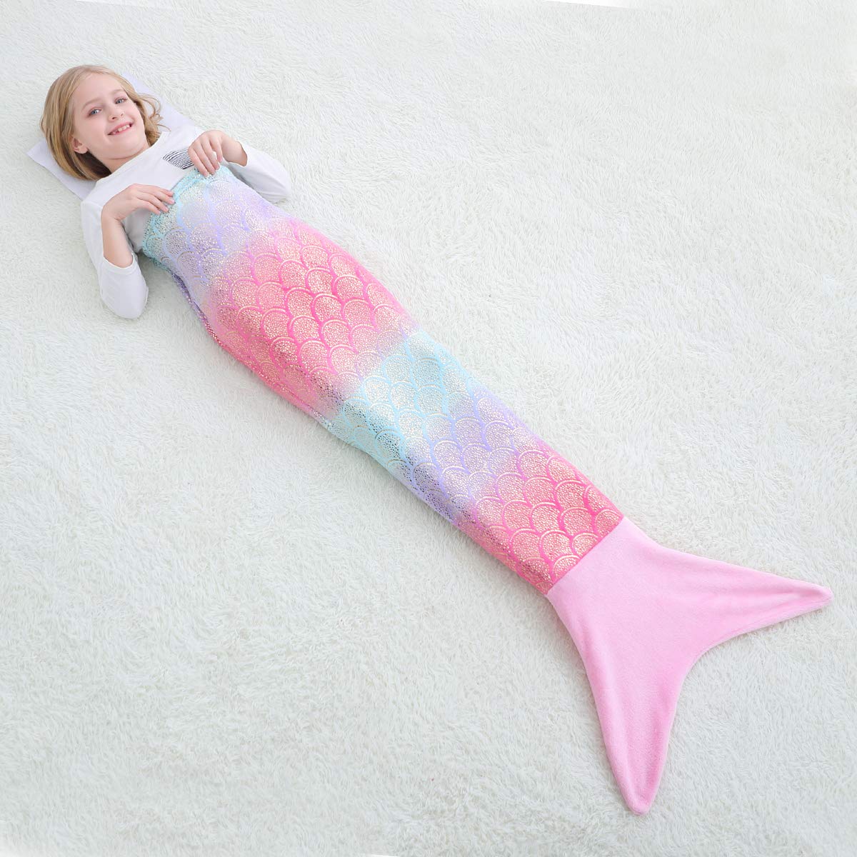 VHOME Kids Mermaid Blanket Gifts - Warm Living Room Sofa Blanket Children Cuddly Blankets for Birthday Gift (K3-Rainbow Pink, Kids 57'' x 24'')