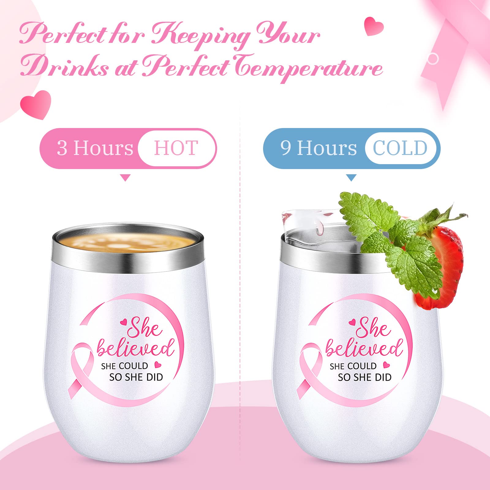 7 Pcs Breast Cancer Gift for Women Pink Ribbon Survivor Present 12 oz Breast Cancer Awareness Tumbler Coffee Mug with Lid Brush Straws Keepsake Raffia Grass Gift Bag Inspirational Gifts for Patients