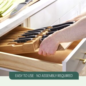 High-Grade 100% Bamboo Knife Drawer Organizer - 12 Knife Slots Plus a Sharpener Slot, Knife Organizer for Kitchen Organization, Durable, Secured, Practical, Eco-Friendly, Knife Block without Knives.