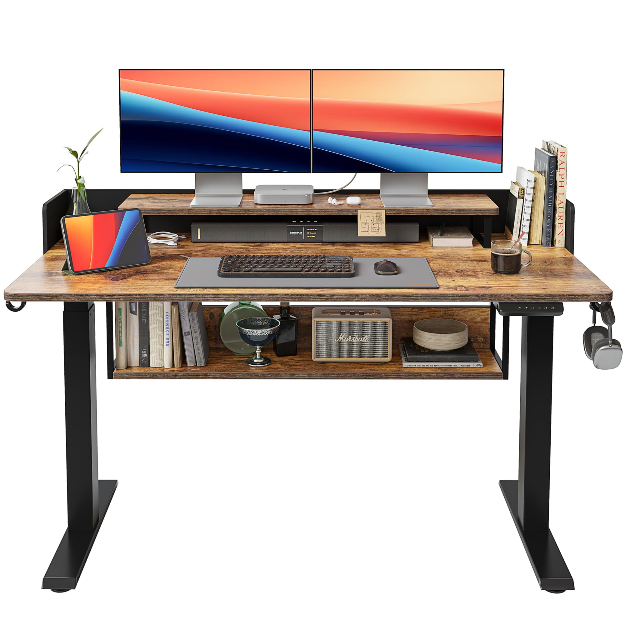 FEZIBO 55" Electric Standing Desk with Shelves, 55 x 24 Inch Sit Stand Rising Desk with Monitor Stand and Storage, Ergonomic Home Office Computer Desk, Rustic