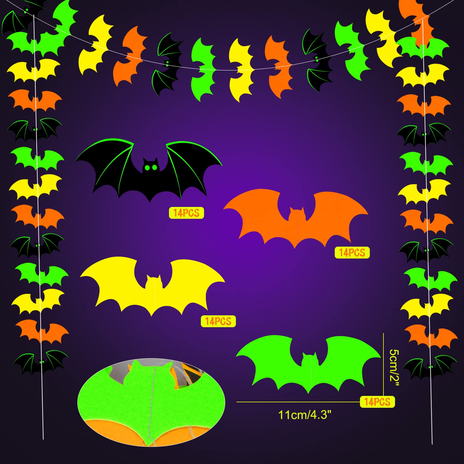 Halloween Party Decoration Garland, Fluorescence Happy Halloween Banner, Green Orange Bat Spider Web Garland Streamers Glow in the Dark Hallows Eve Favors, Halloween Bunting Banner Home Wall Decor