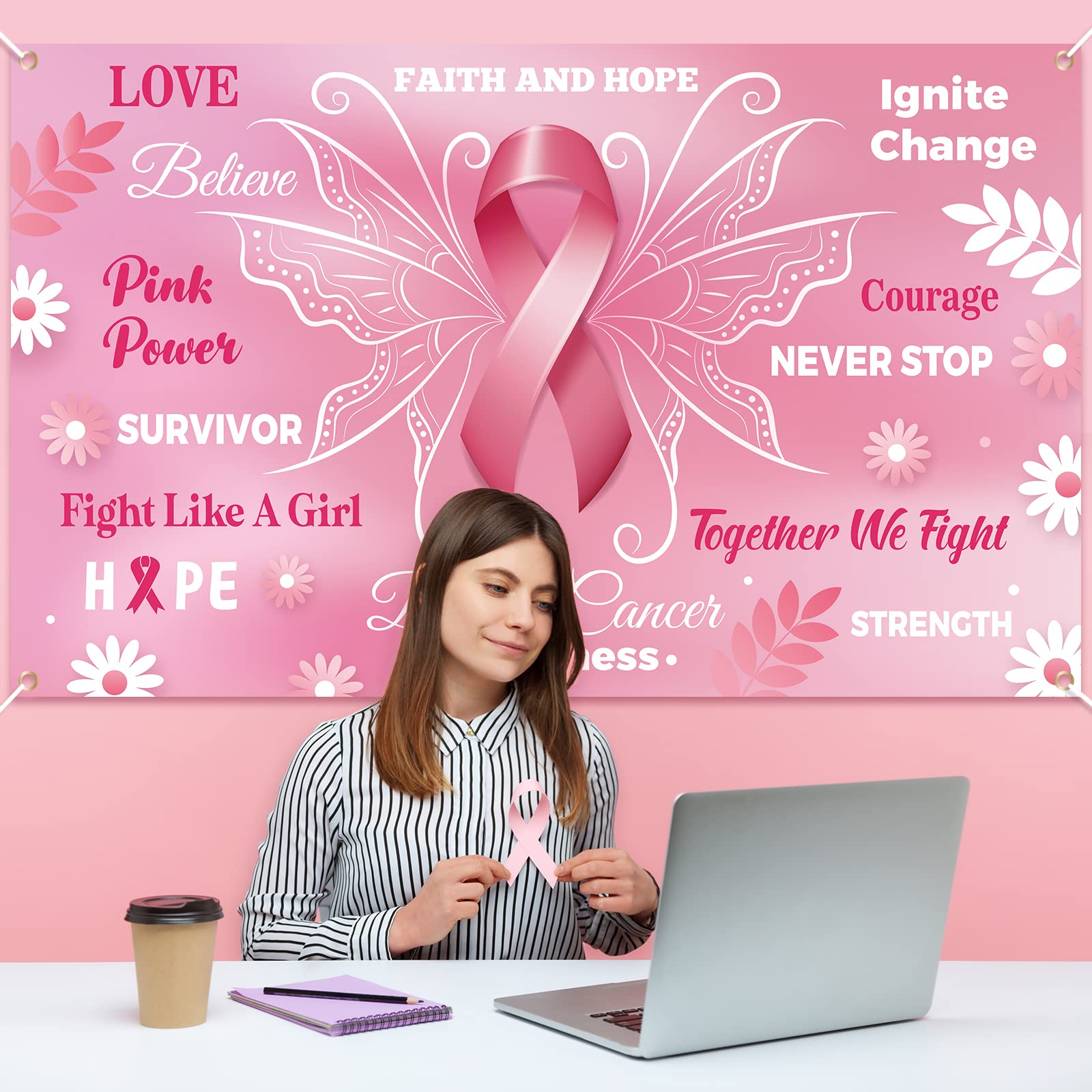 Breast Cancer Awareness Backdrop Decorations - Pink Ribbon Banner Charity Activities Party Supplies Ornaments