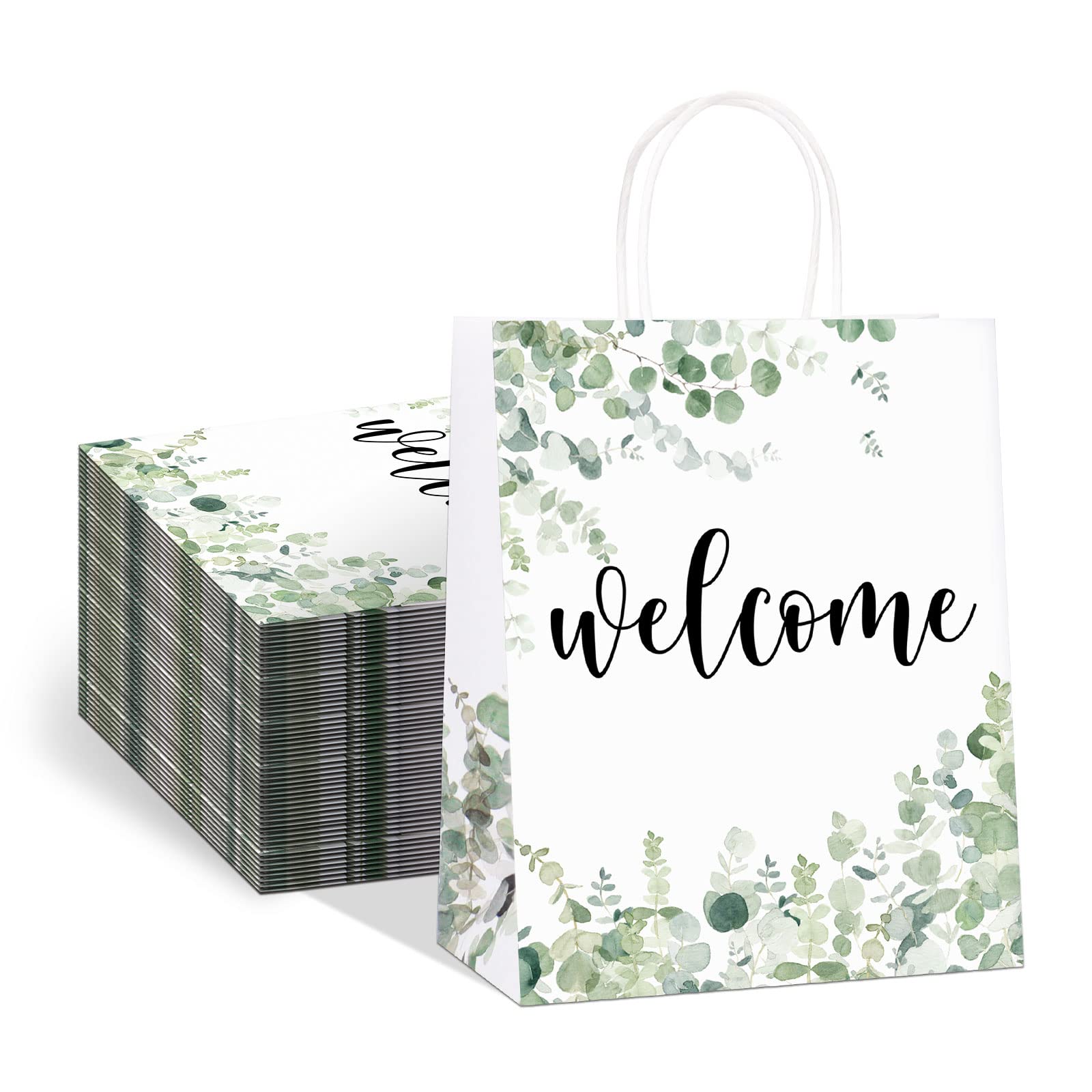 QIELSER 50 pcs Welcome Bags for Wedding Guests Bulk, White Welcome Gift Bags with Handles Shopping paper Bags Good for Wedding, Birthday Party Supplies, Craft, Packaging, Retail