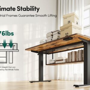 FEZIBO 55" Electric Standing Desk with Shelves, 55 x 24 Inch Sit Stand Rising Desk with Monitor Stand and Storage, Ergonomic Home Office Computer Desk, Rustic