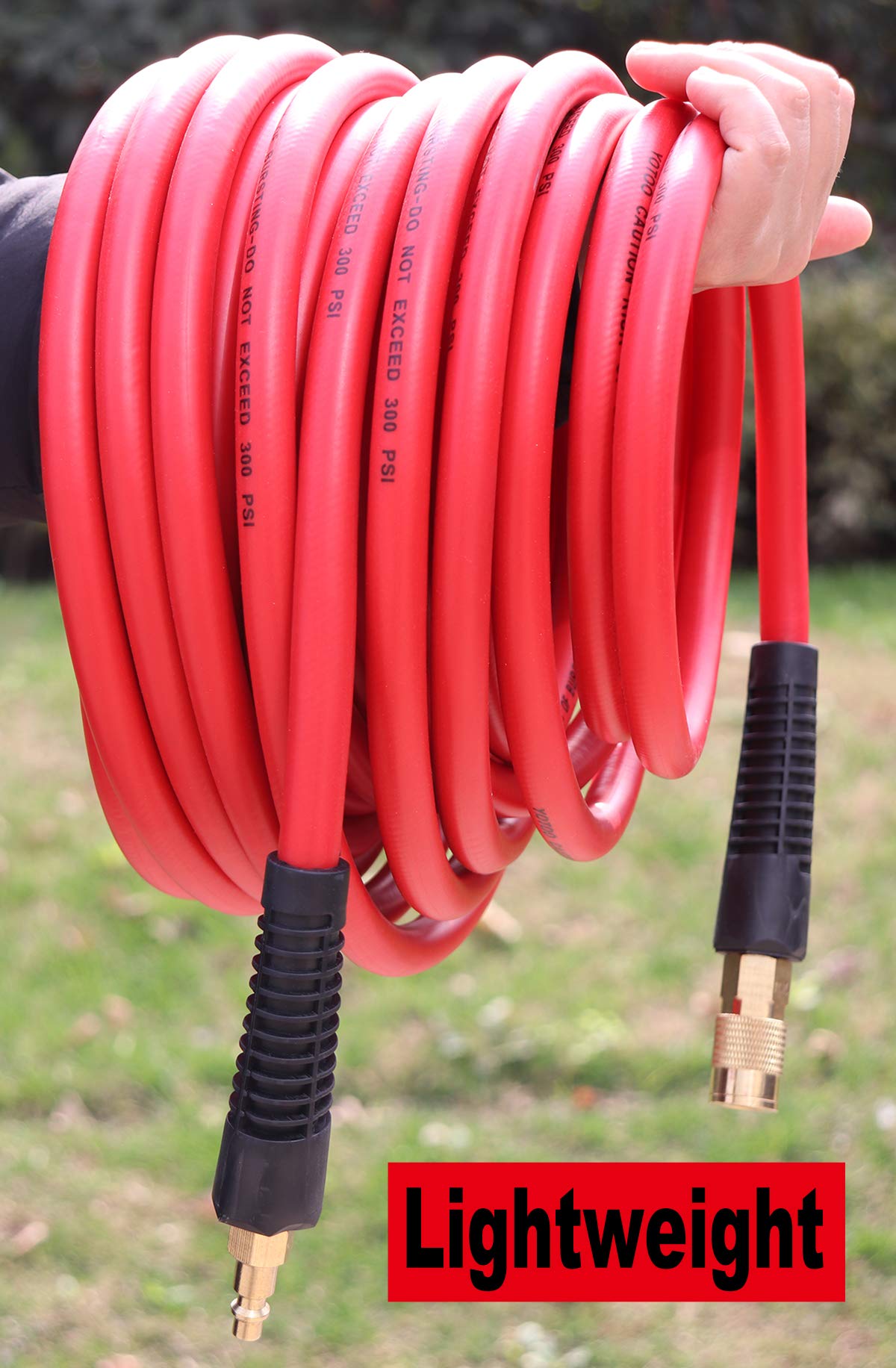 YOTOO Hybrid Lead-in Air Hose 1/4-Inch by 10-Feet 300 PSI Heavy Duty, Lightweight, Kink Resistant, All-Weather Flexibility with Bend Restrictors, 1/4" Industrial Quick Coupler and Plug, Red