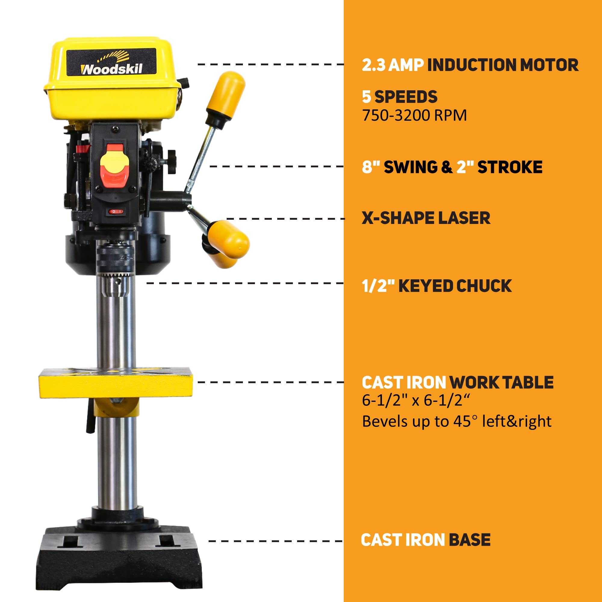 Woodskil 8 Inch Drill Press, 2.3 Amp 5-Speed Bench Drill Press, Bench Top Drilling Machine