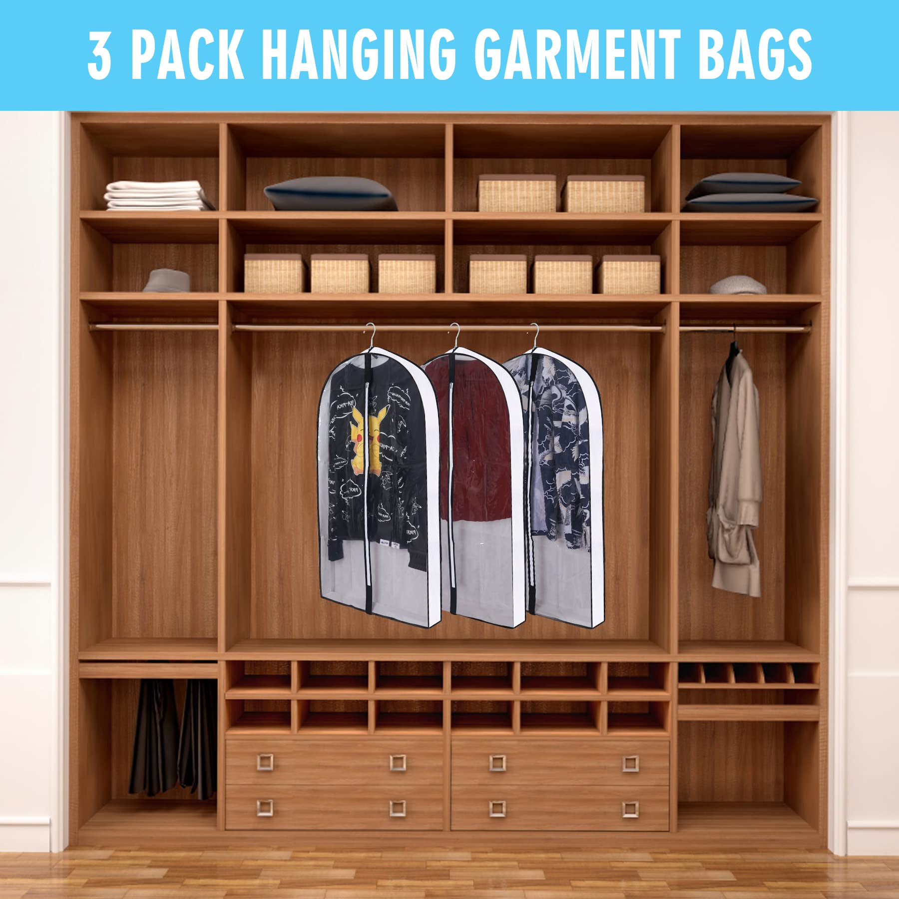 WinFong 40" Garment Bags for Hanging Clothes, Clear Moth Proof Suits Covers with 4" Gussets for Closet Storage and Travel Hanging Clothes Bag for Coat, Sweater, Jacket, Dress, Shirts (3 Pack - 40")