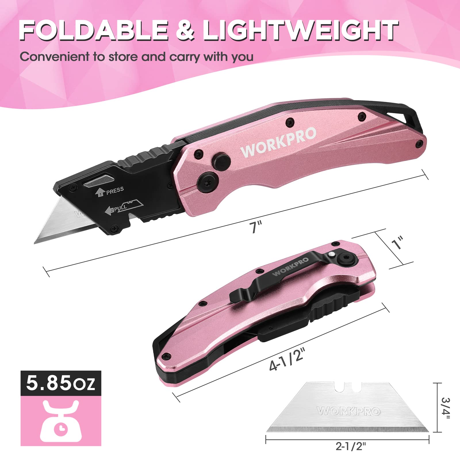 WORKPRO Utility Knife Blades, SK5 Steel, 100-Pack with Dispenser and Pink Folding Utility Knife, 10 Extra Blades Included