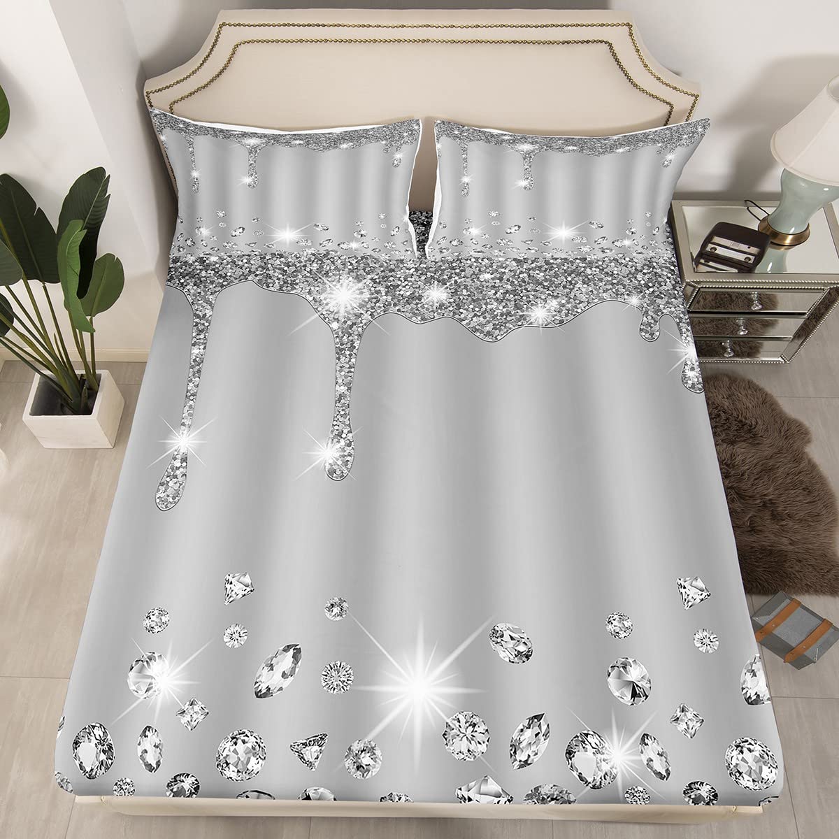 Silver Glitter Print (No Glitter) Bedding Sheet Bling Party Decorations Grey Fitted Sheet for Girls Diamond and Jewelry Bed Sheet Set Fitted Sheet Queen Size