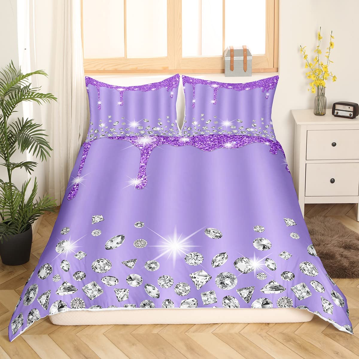 Silver Glitter Print (No Glitter) Bedding Set Bling Party Decorations Purple Comforter Cover for Girls Diamond Jewelry Duvet Cover Bedspread Cover Quilt Cover Full