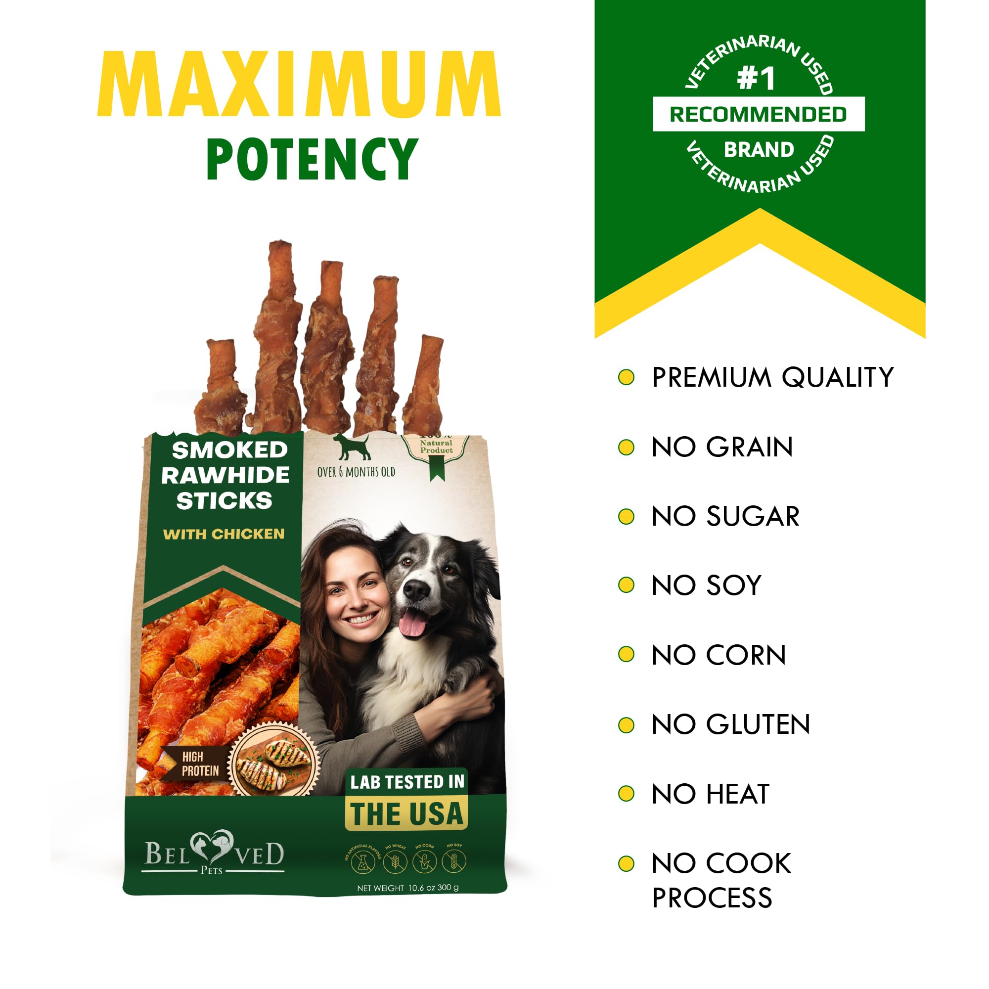 Dog Smoked Rawhide Sticks Wrapped Chicken & Pet Natural Chew Treats - Grain Free Organic Meat & Healthy Human Grade Dried Snacks in Bulk - Best Twists for Training Small & Large Dogs - Made for USA