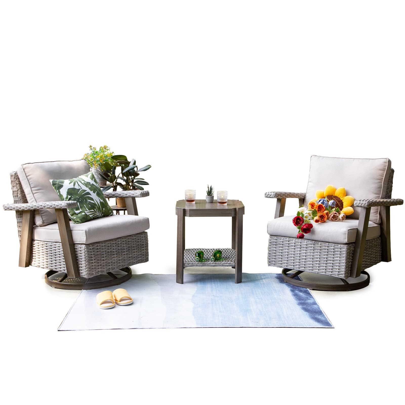 Joyside Outdoor 360° Swivel Rocker Patio Chairs Sets of 2 and Matching Side Table - 3 Piece Wicker Patio Bistro Set with Premium Fabric Cushion(Grey/Beige)