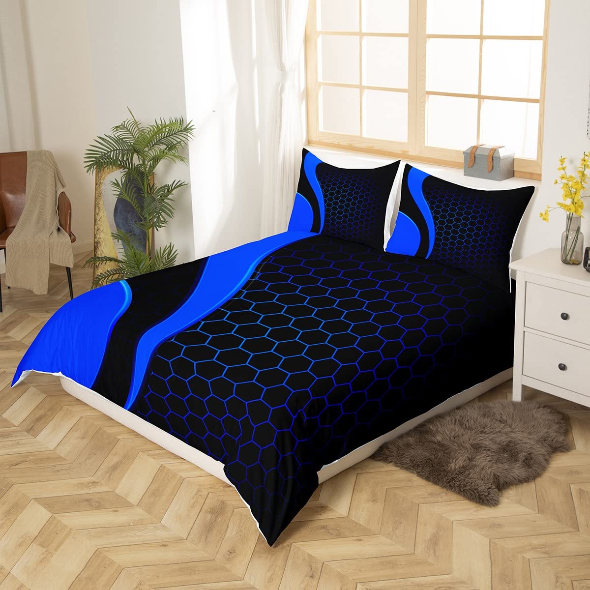 Geometry Bedding Set Geometry Honeycomb Comforter Cover for Kids Boys Girls Teens Hexagonal Geometrical Blue Black Duvet Cover Breathable Beehive Bedspread Cover Room Decor Quilt Cover Queen Size