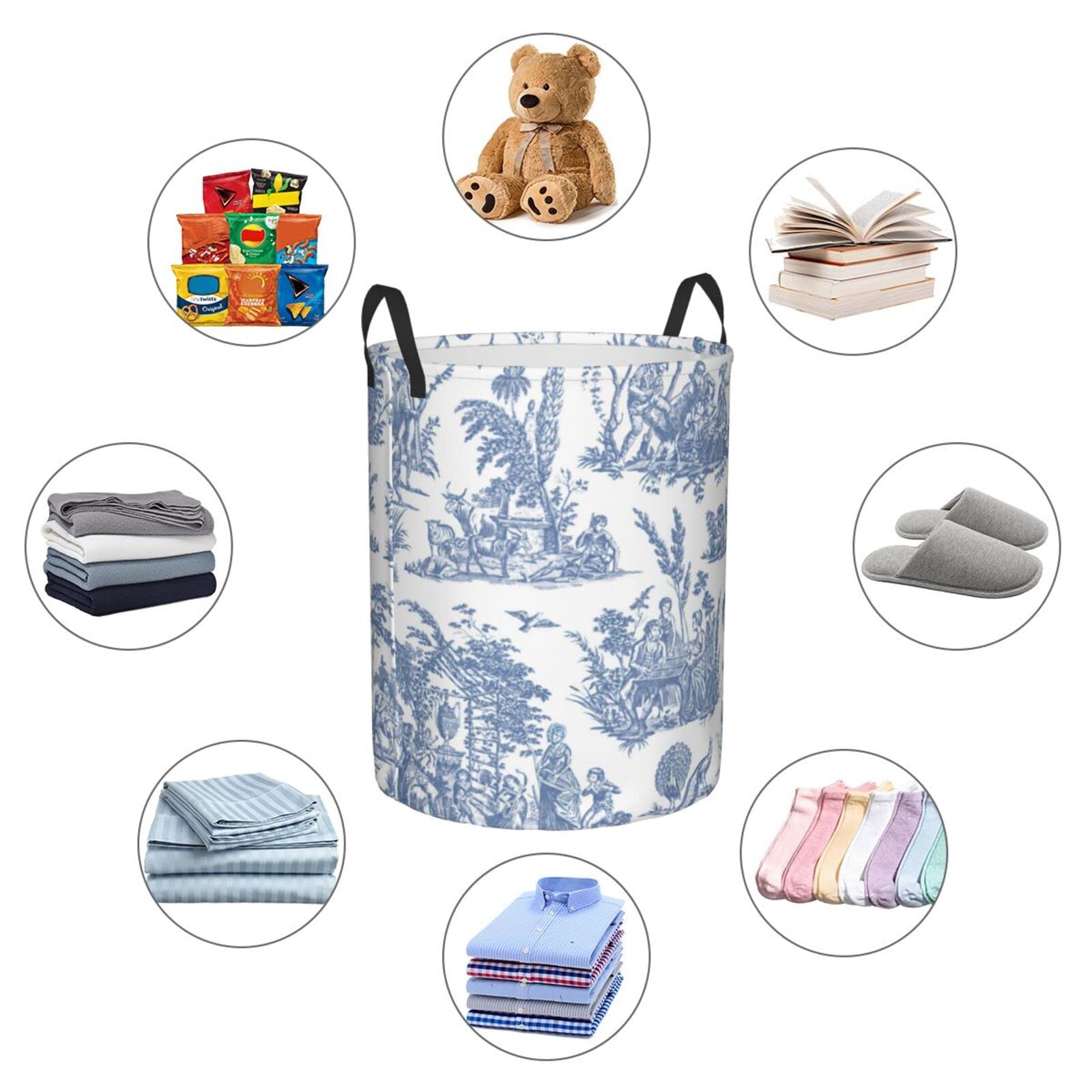 Marseilles Toile Willow Ware Blue White Laundry Basket,Collapsible Clothes Hamper Storage with Handle, Laundry Hamper for Bathroom Home Decor Baby Clothing Small