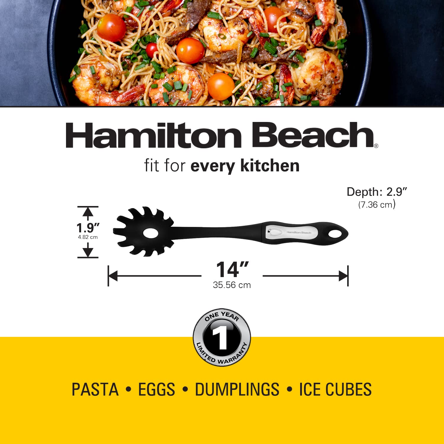 Hamilton Beach Pasta Server 14in Soft Touch Handle - Durable Food Grade Plastic Pasta Server, Spaghetti Spoon Server, Ergonomic and Soft Touch Handle, Heat Resistant Design, Rustproof – Black