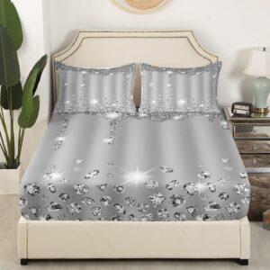 Silver Glitter Print (No Glitter) Bedding Sheet Bling Party Decorations Grey Fitted Sheet for Girls Diamond and Jewelry Bed Sheet Set Fitted Sheet Queen Size