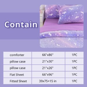 ROYALAY Kids Glow in The Dark Comforter Set 5 Pieces Bedding Set Twin Size/Twin XL for Teenage Girls and Kids, Purple Starry Night Super Soft Down Alternative Comforter with Sheets Bed in a Bag