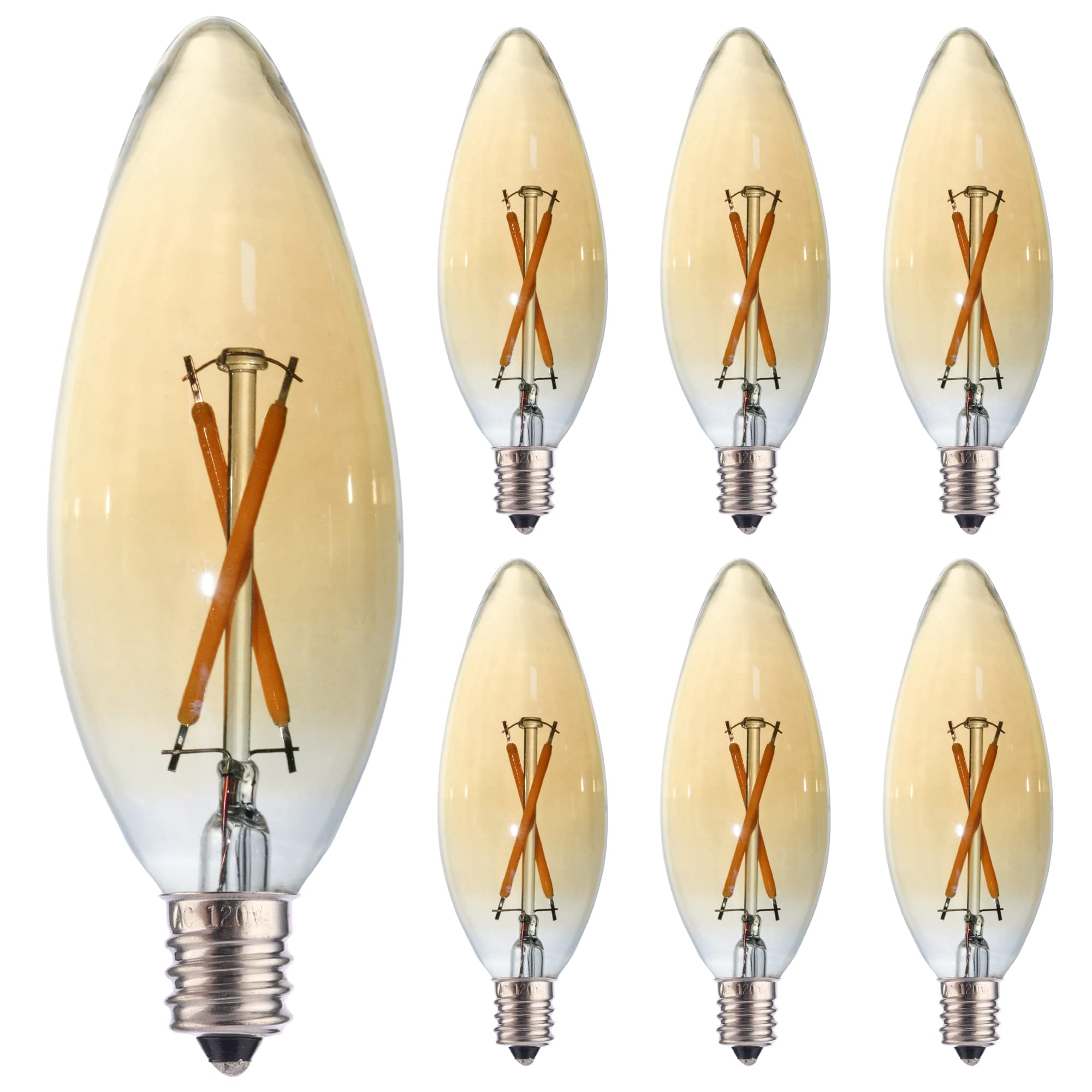 FANNIS 6 Pack C32 Candle Filament LED Bulb, 2W Equals 15w-20W Soft Warm Light, E12 Candelabra Base Edison Bulb, Amber Glass Light Bulb for Pendant Chandelier Ceiling Fan