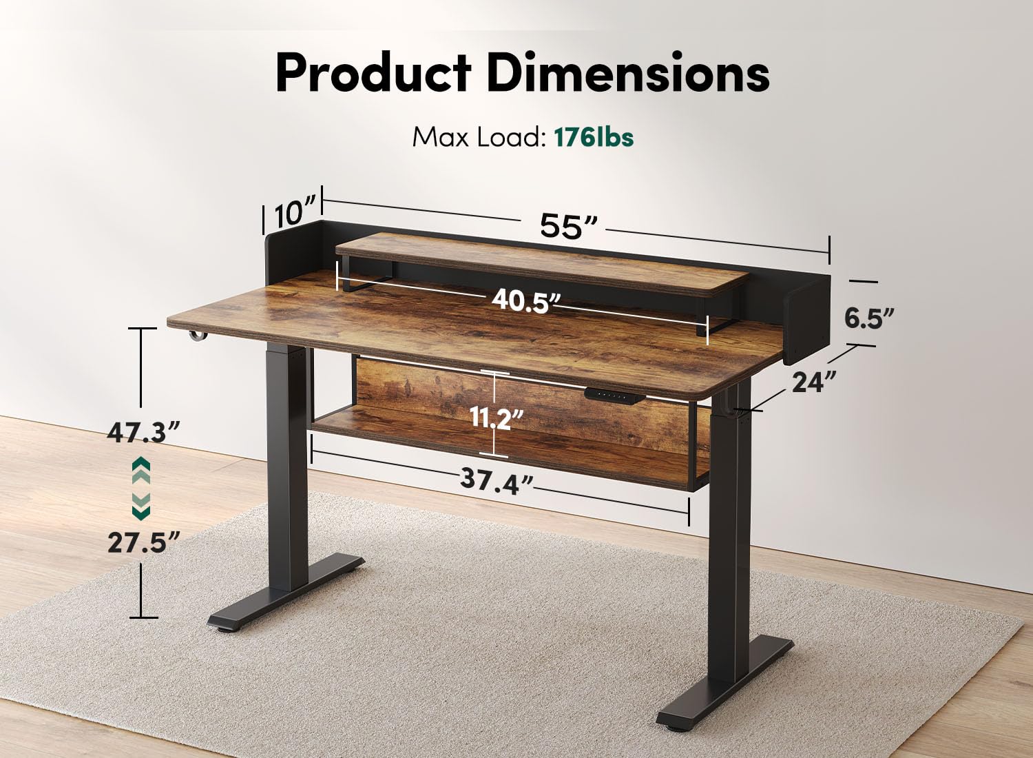 FEZIBO 55" Electric Standing Desk with Shelves, 55 x 24 Inch Sit Stand Rising Desk with Monitor Stand and Storage, Ergonomic Home Office Computer Desk, Rustic