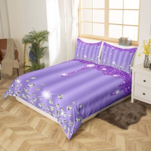 Silver Glitter Print (No Glitter) Bedding Set Bling Party Decorations Purple Comforter Cover for Girls Diamond Jewelry Duvet Cover Bedspread Cover Quilt Cover Full