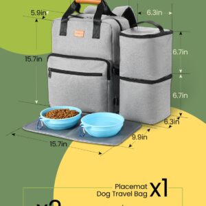 Dog Travel Bag, Airline Approved Organizer Backpack with Multi-Function Pockets, 25L Accessories Set with 2 Food Storage Containers, 2 Foldable Bowls for Weekend