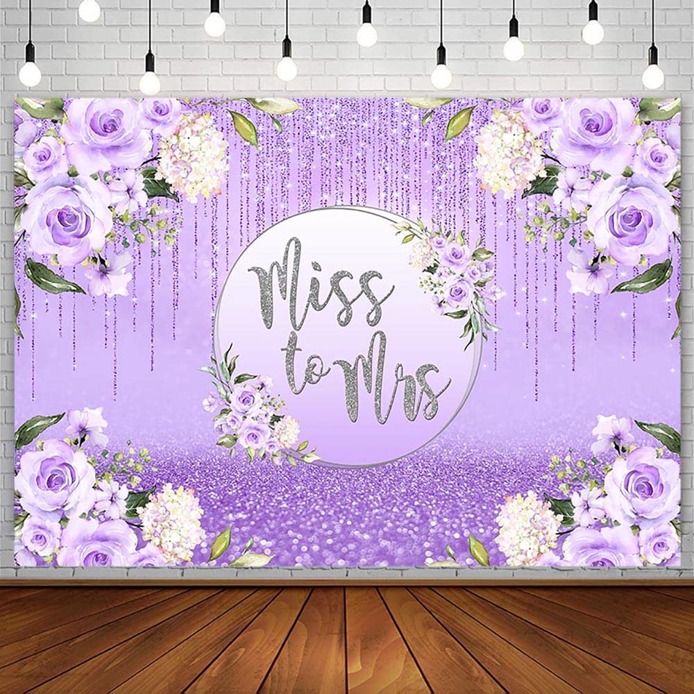 AIBIIN 7x5ft Miss to Mrs Backdrop for Bridal Shower Party Decorations Purple Glitter Floral Wedding Bride to Be Engagement Silver Shiny Bokeh Banner Photography Background Cake Table Photo Shoot Props