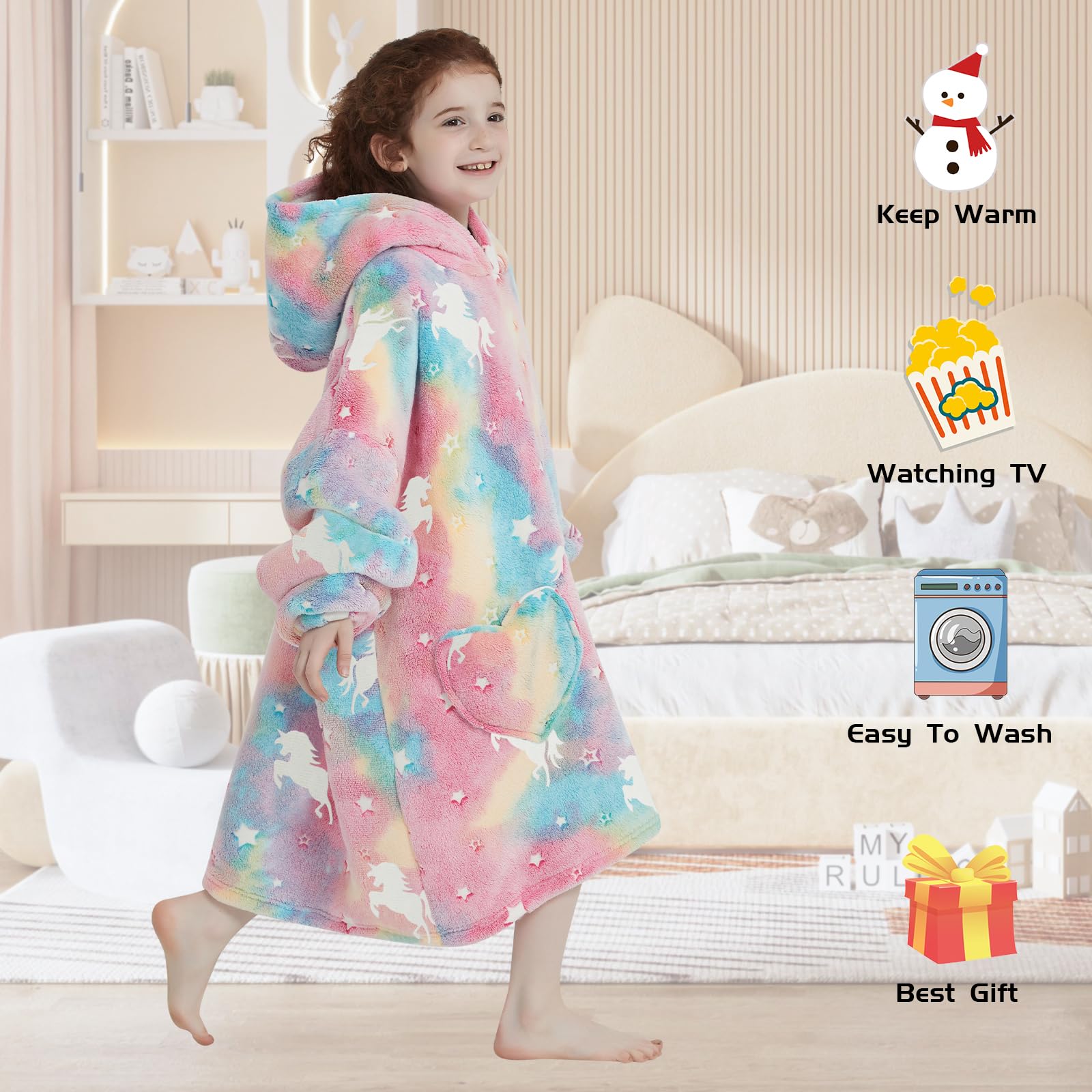 Wearable Blanket Hoodie for Kids Oversized Sherpa Blanket Hoodie for Kids Boys Girls Teens 6-13YR,Glow in The Dark Rainbow Unicorns