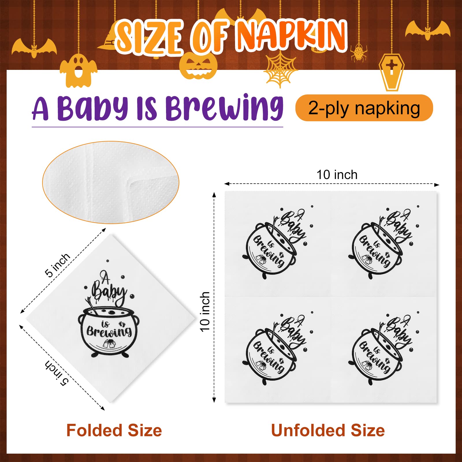 Halloween Baby Shower Napkins, A Baby is Brewing Baby Shower Decorations Halloween Baby Napkins Shower Gender Reveal Party Decorations Halloween Baby Shower Disposable Napkins 5 x 5 In (100 Pcs)