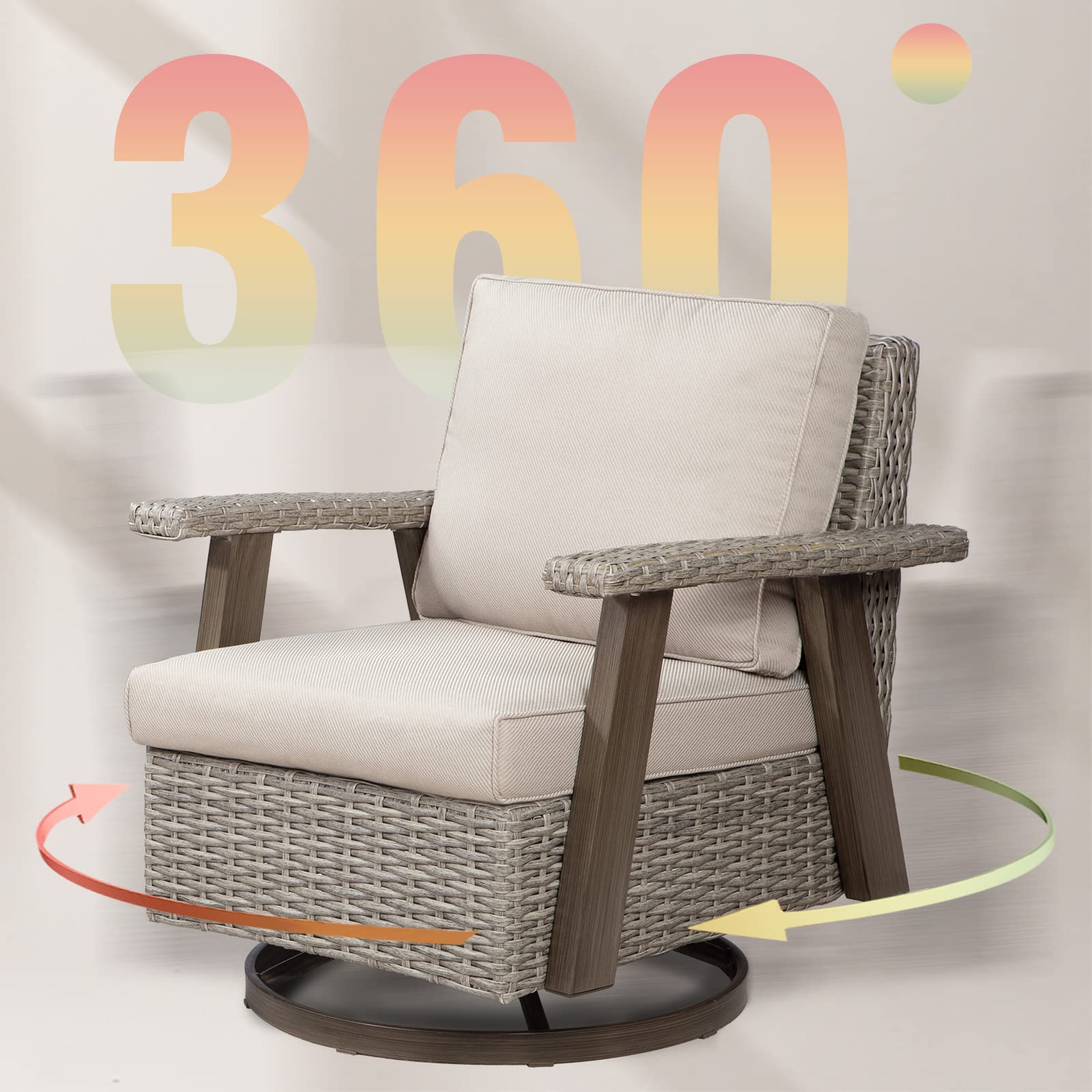 Joyside Outdoor 360° Swivel Rocker Patio Chairs Sets of 2 and Matching Side Table - 3 Piece Wicker Patio Bistro Set with Premium Fabric Cushion(Grey/Beige)