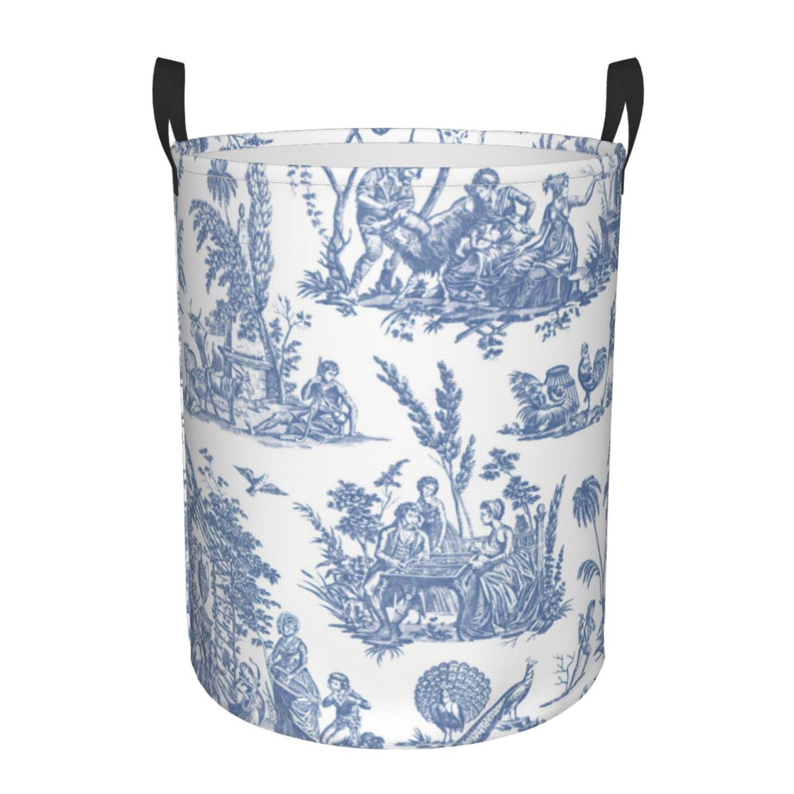 Marseilles Toile Willow Ware Blue White Laundry Basket,Collapsible Clothes Hamper Storage with Handle, Laundry Hamper for Bathroom Home Decor Baby Clothing Small