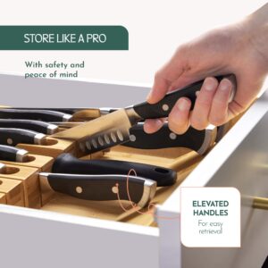 High-Grade 100% Bamboo Knife Drawer Organizer - 12 Knife Slots Plus a Sharpener Slot, Knife Organizer for Kitchen Organization, Durable, Secured, Practical, Eco-Friendly, Knife Block without Knives.