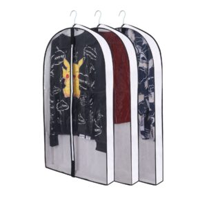 winfong 40" garment bags for hanging clothes, clear moth proof suits covers with 4" gussets for closet storage and travel hanging clothes bag for coat, sweater, jacket, dress, shirts (3 pack - 40")