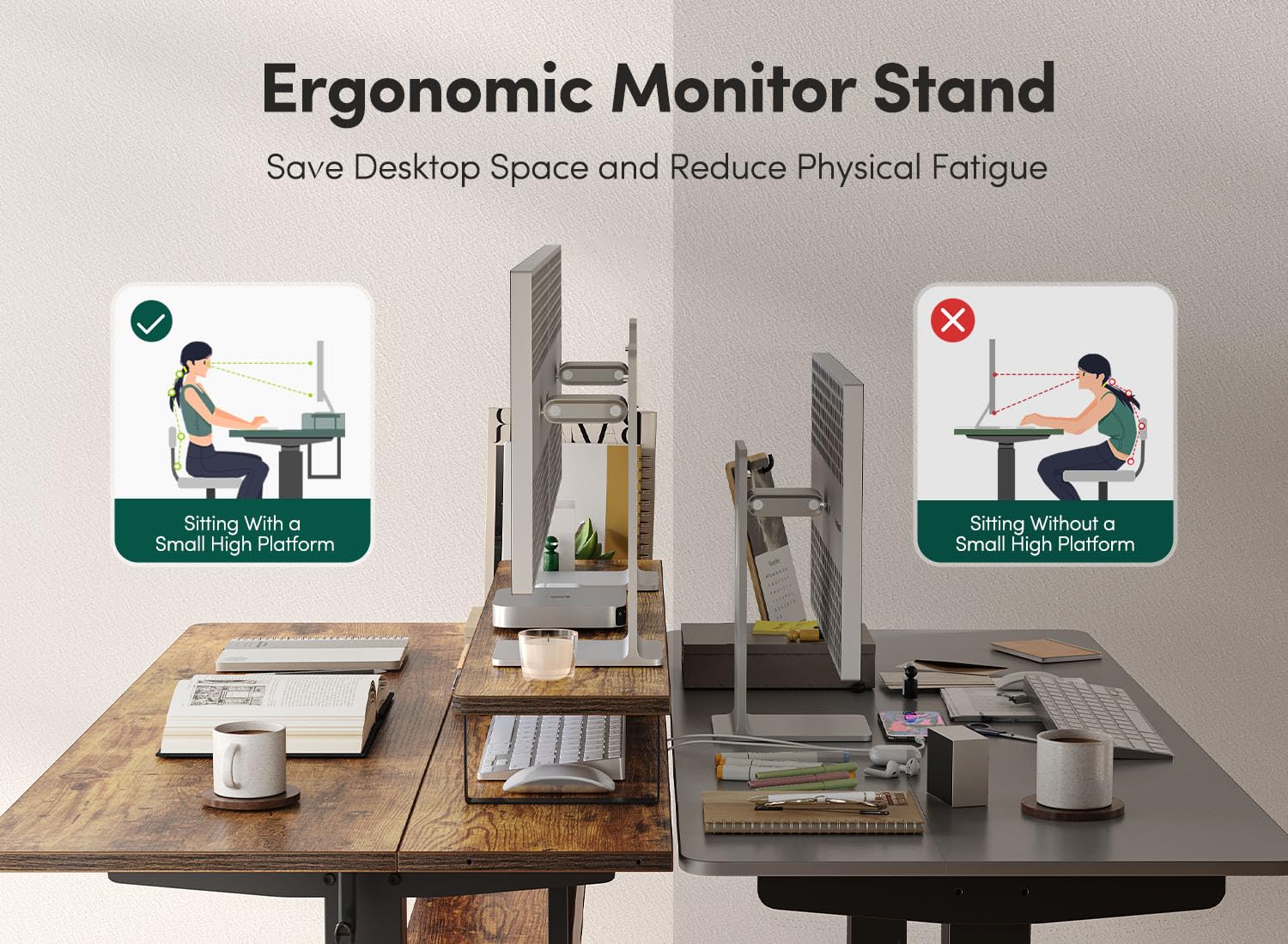 FEZIBO 55" Electric Standing Desk with Shelves, 55 x 24 Inch Sit Stand Rising Desk with Monitor Stand and Storage, Ergonomic Home Office Computer Desk, Rustic