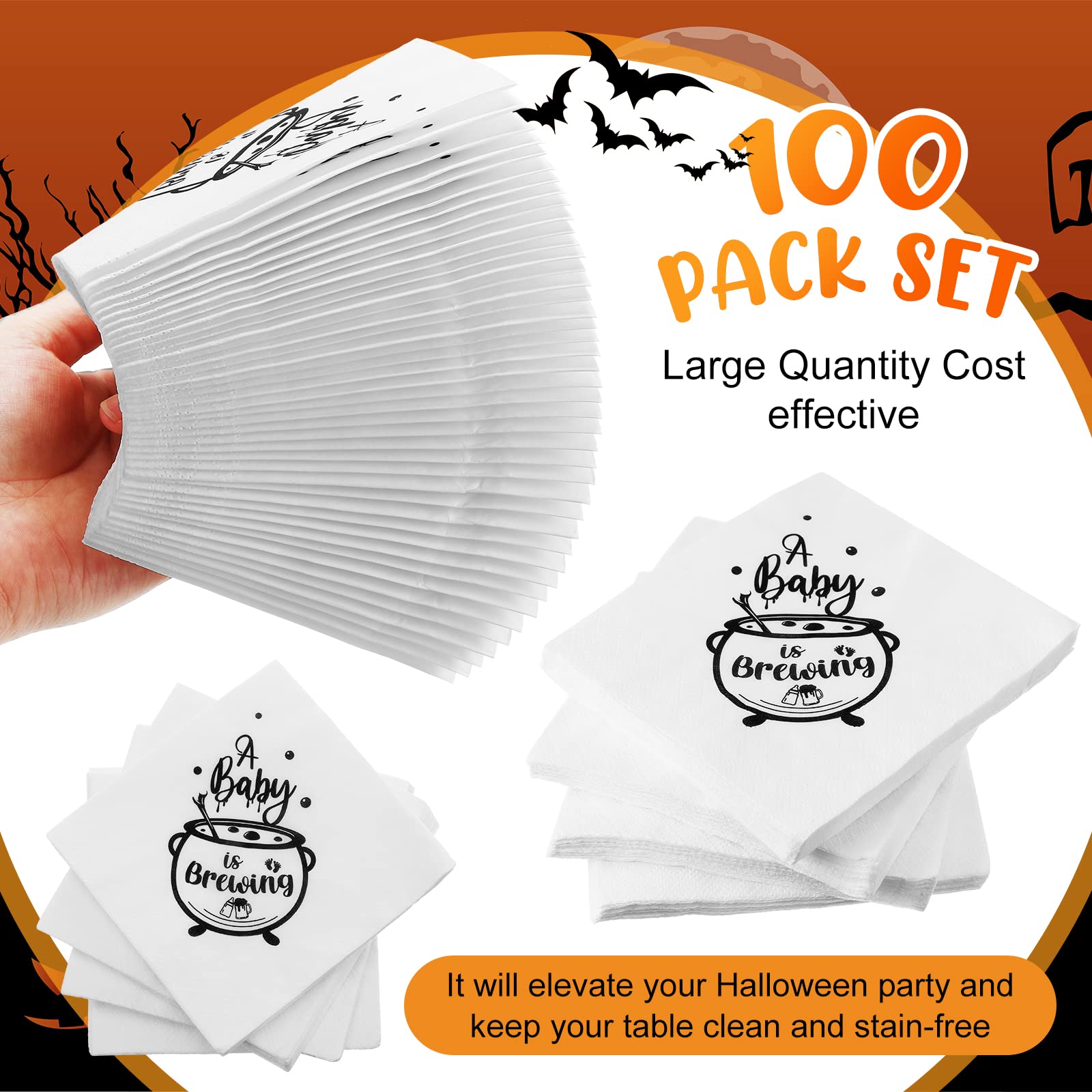 Halloween Baby Shower Napkins, A Baby is Brewing Baby Shower Decorations Halloween Baby Napkins Shower Gender Reveal Party Decorations Halloween Baby Shower Disposable Napkins 5 x 5 In (100 Pcs)