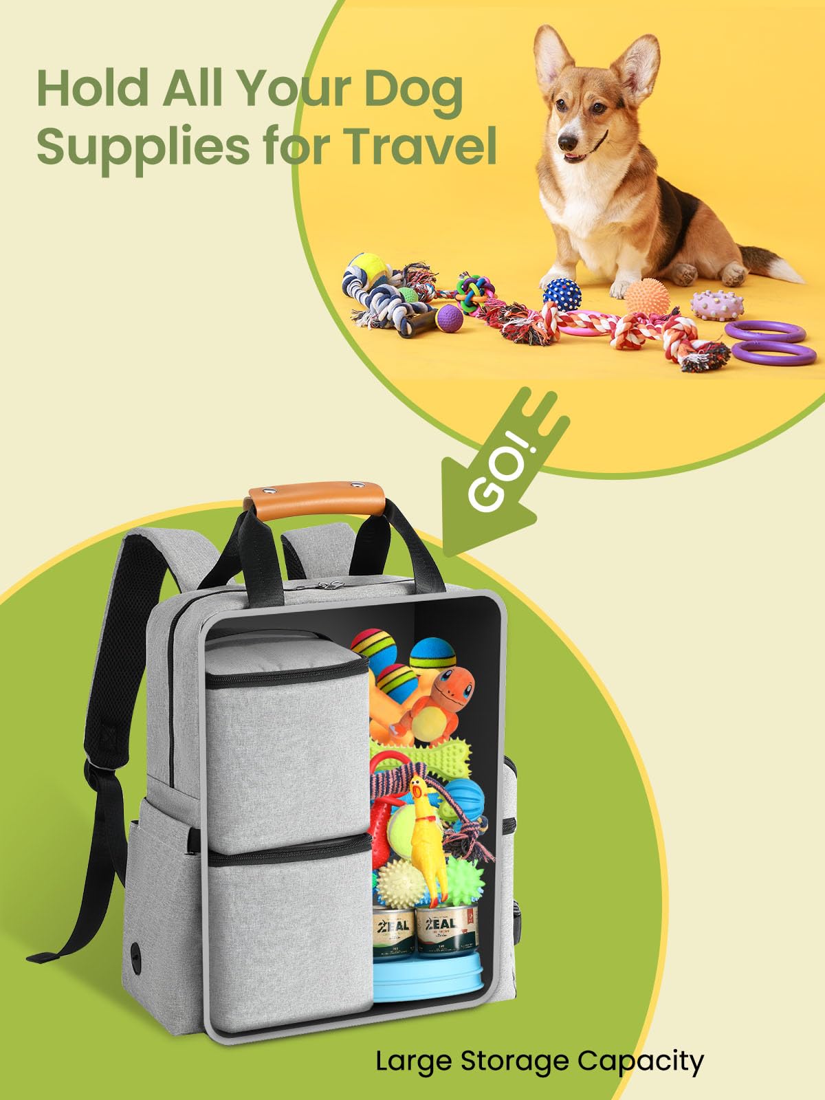 Dog Travel Bag, Airline Approved Organizer Backpack with Multi-Function Pockets, 25L Accessories Set with 2 Food Storage Containers, 2 Foldable Bowls for Weekend